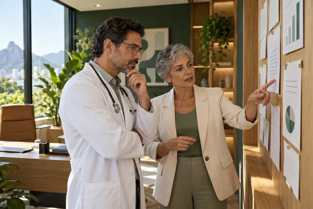 Cena ilustrativa de médico e especialista tributária organizando um diagnóstico em uma clínica brasileira